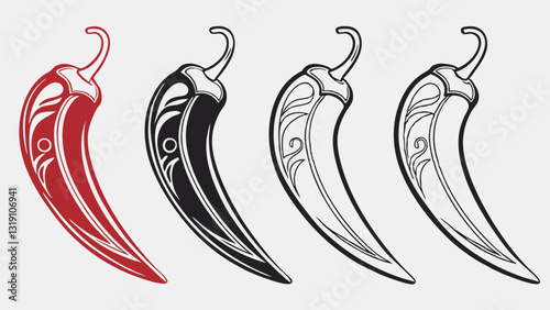 "Set of chili pepper vector illustrations in black, red, and green – spicy food symbols, hot pepper icons, Mexican cuisine elements, and chili graphics for culinary design."
