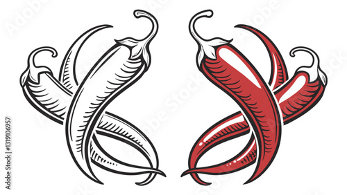 "Set of chili pepper vector illustrations in black, red, and green – spicy food symbols, hot pepper icons, Mexican cuisine elements, and chili graphics for culinary design."
