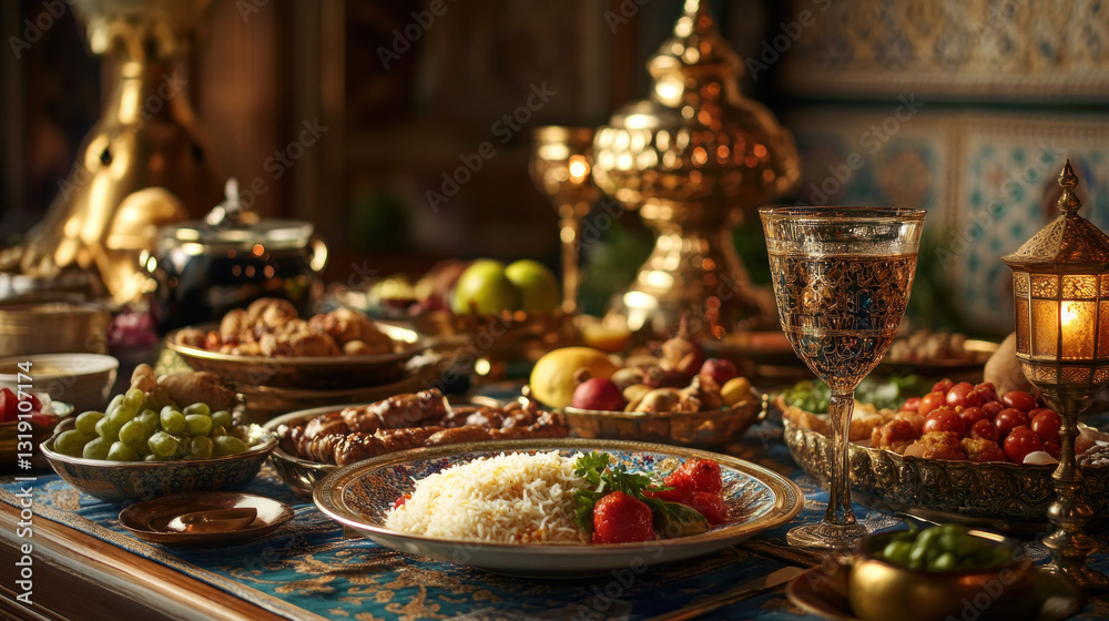 A lavish banquet spread featuring an array of traditional dishes, fruits, and ornate tableware, set in an elegantly decorated room with intricate patterns