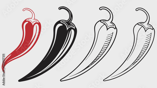 "Set of chili pepper vector illustrations in black, red, and green – spicy food symbols, hot pepper icons, Mexican cuisine elements, and chili graphics for culinary design."
