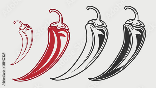 "Set of chili pepper vector illustrations in black, red, and green – spicy food symbols, hot pepper icons, Mexican cuisine elements, and chili graphics for culinary design."
