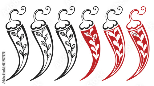 "Set of chili pepper vector illustrations in black, red, and green – spicy food symbols, hot pepper icons, Mexican cuisine elements, and chili graphics for culinary design."
