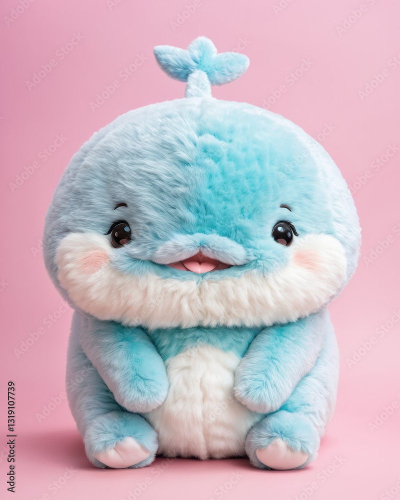 Fototapeta premium Cute fluffy doll whale puffs up, appearing larger in pastel colors.