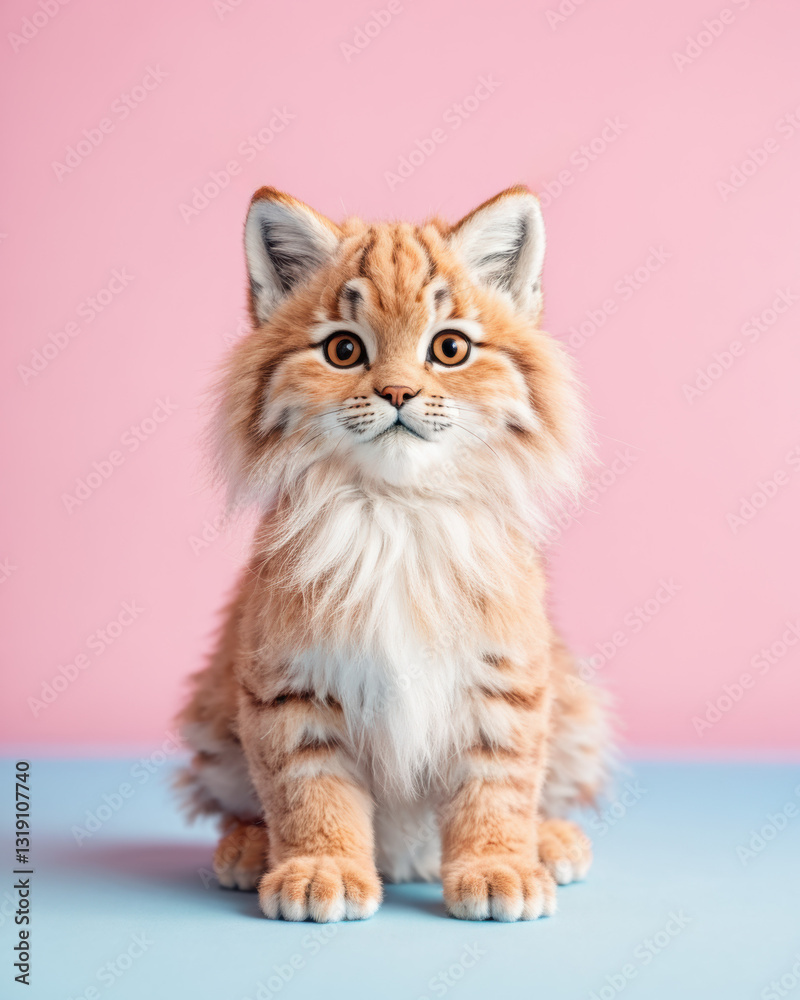 Obraz premium Cute fluffy doll lynx balances on one foot, showcasing its pastel colors against a relaxed studio backdrop.