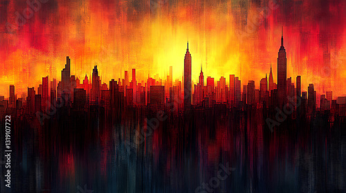 Fiery New York City skyline at sunrise.  A dramatic, digital painting of a city enveloped in flames, with a sunrise breaking through the inferno.
