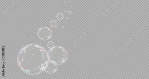 Set of realistic rainbow soap bubbles on a transparent background. Transparent realistic isolated coloured soap bubbles. Vector illustration. PNG