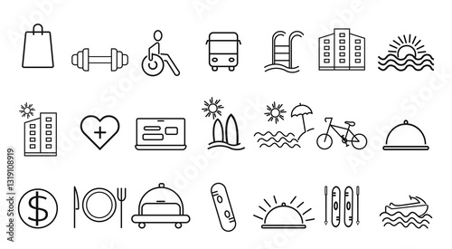 Travel and lifestyle icon set for modern interface design. Clean line symbols enhance navigation clarity. Ideal for apps, menus, and digital branding layouts and web projects today now.