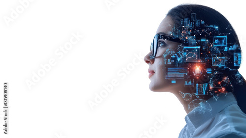 Futuristic digital interface woman portrait with technological overlays showcasing advanced computing data analytics and learning concepts