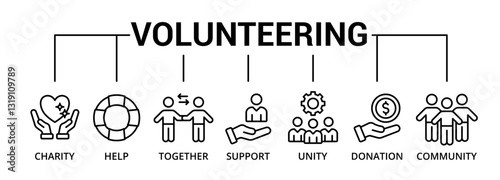Volunteering banner icon with charity, help, together, support, unity, donation, community