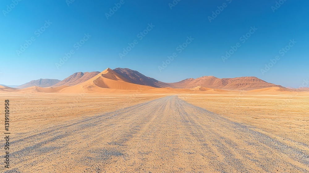 Empty desert road stretching into the distance under a clear sky. Vast dunes and mountains in the background Empty desert road stretching into the distance under a clear sky. Vast dunes and mountains in the background