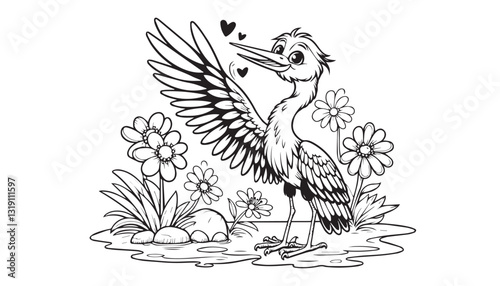 Vector illustration of cartoon bird black and white drawing For children to learn to color according to the picture.