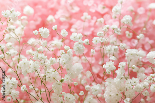 Pink flower field, showcasing the beauty of nature in soft, pastel tones. It emphasizes the fragility and elegance of small flowers, creating a calming and romantic 