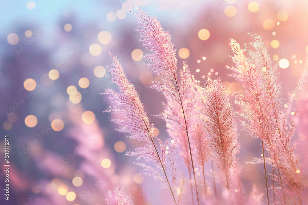 Fototapeta premium Pink flower field, showcasing the beauty of nature in soft, pastel tones. It emphasizes the fragility and elegance of small flowers, creating a calming and romantic 