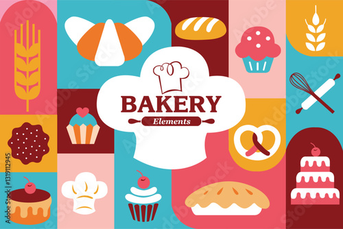 Geometric Bakery Background,  icons and elements for 
poster, banner, cover design, restaurant cafe, food menu. Hand drawn illustration.


