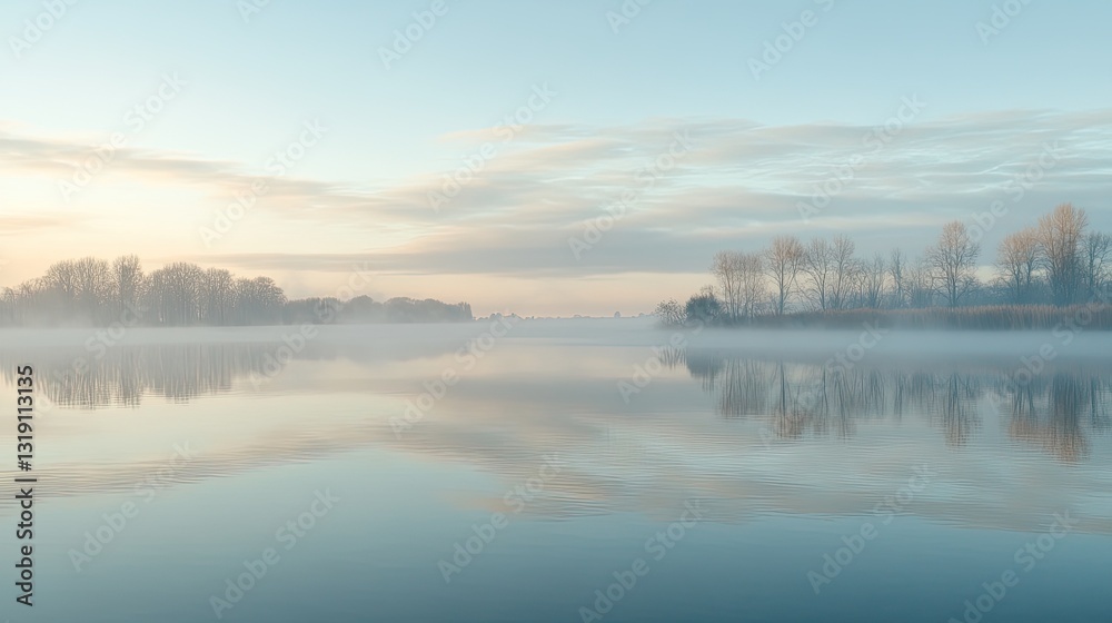 Fototapeta premium Ethereal lakeside scene with delicate fog and mirrored reflections