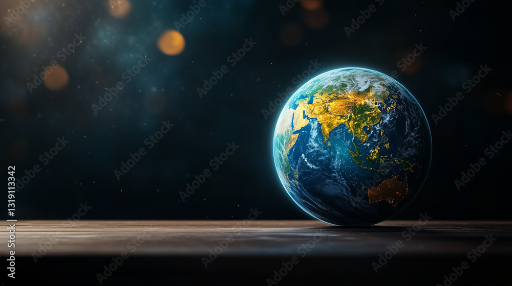 Fototapeta premium earth on a wooden table with ray,dark background