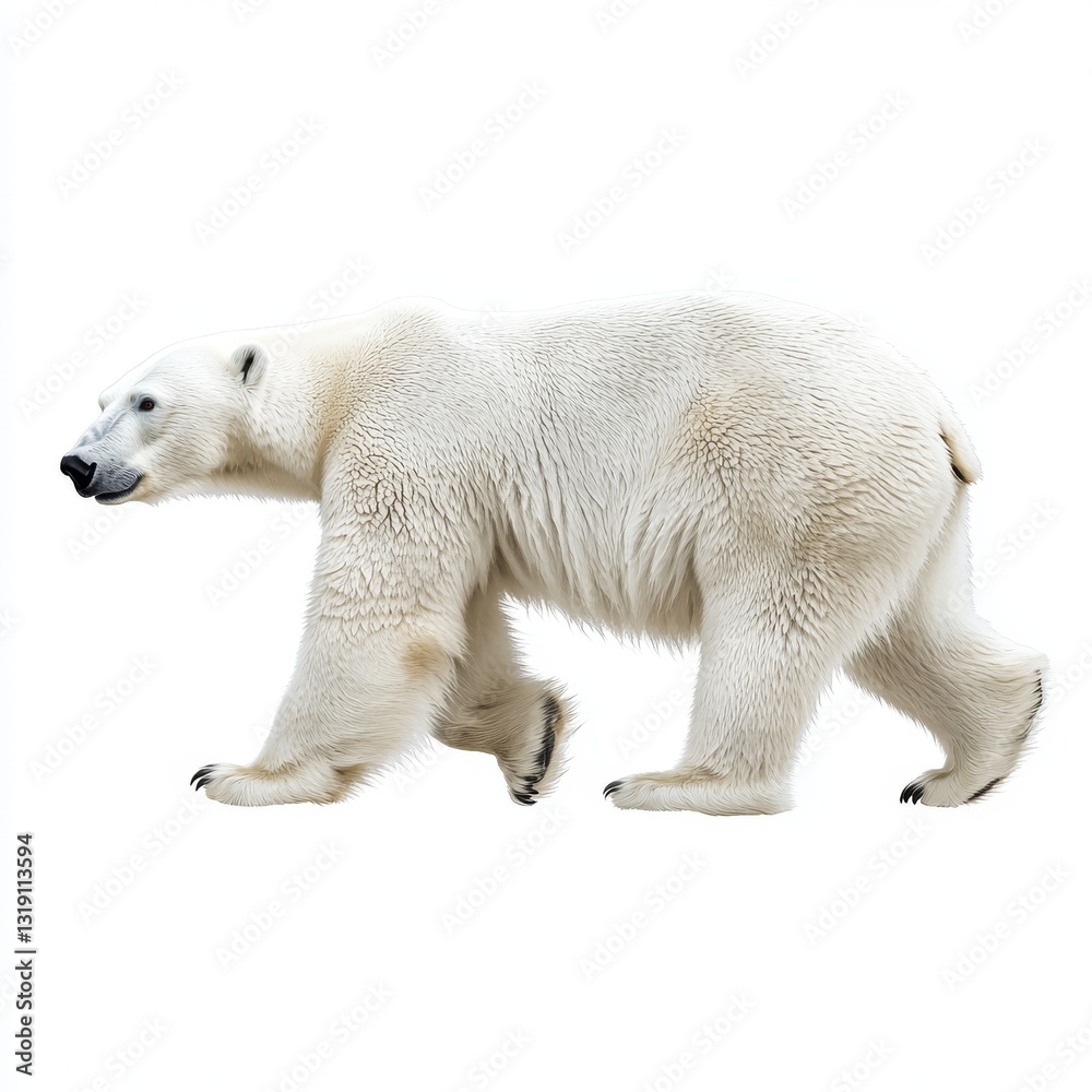 In profile view, a standing adult polar bear is depicted isolated on background In profile view, a standing adult polar bear is depicted isolated on background
