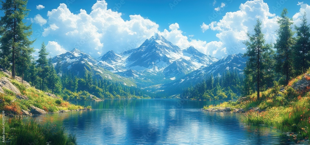 Serene Mountain Lake Landscape: A Breathtaking View of Majestic Peaks and Tranquil Waters