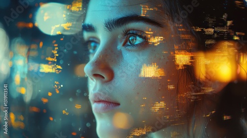 Portrait of a Woman with City Reflections in Her Eyes Capturing Urban Beauty at Night