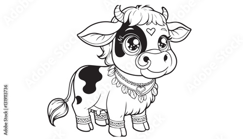 Vector illustration of cartoon cow black and white drawing For children to learn to color according to the picture.