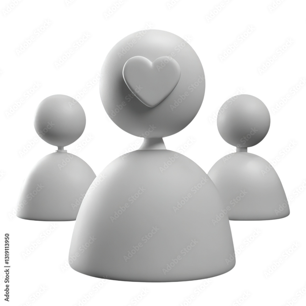 A minimalistic representation of three stylized figures, with the central figure featuring a heart symbol on its chest, illustration of 3d rendering. A minimalistic representation of three stylized figures, with the central figure featuring a heart symbol on its chest, illustration of 3d rendering.