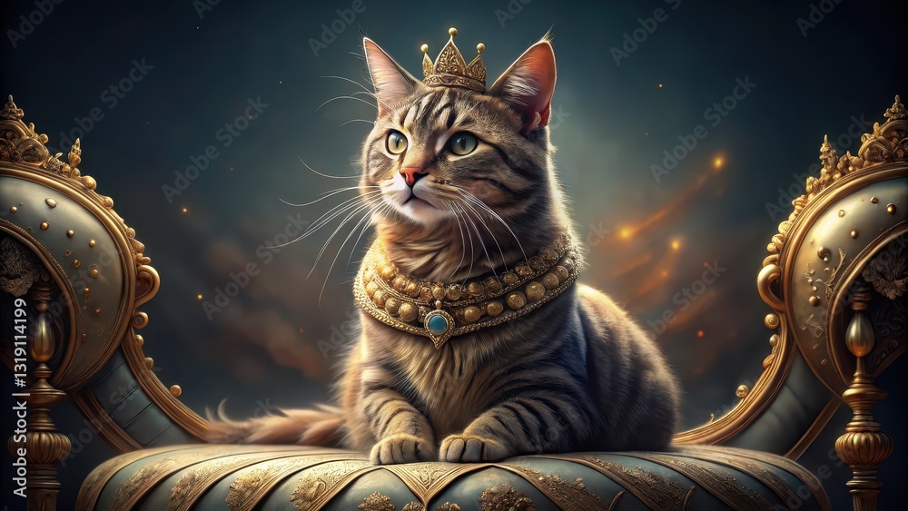 Fototapeta premium Regal feline queen sits on plush velvet cushion adorned with intricate golden filigree, her whiskers twitching as she surveys her kingdom with discerning gaze , regal, whiskers
