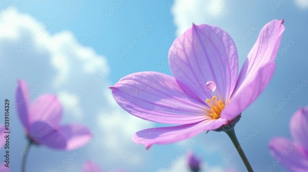 A delicate light purple flower with a single water droplet on a petal, gently swaying in a soft breeze against a backdrop of a serene, bright blue sky dotted with fluffy white clouds. A delicate light purple flower with a single water droplet on a petal, gently swaying in a soft breeze against a backdrop of a serene, bright blue sky dotted with fluffy white clouds.