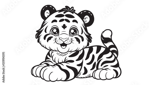 Vector illustration of cartoon tiger black and white drawing For children to learn to color according to the picture.