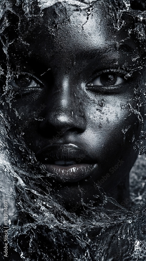 Dark Beauty: A Woman's Face Emerging from Water