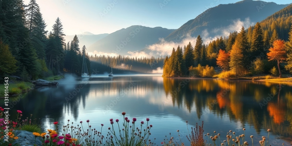 Naklejka premium Serene Autumn Lake Scene with Sailboats at Dawn, Mountain Reflections, and Wildflowers