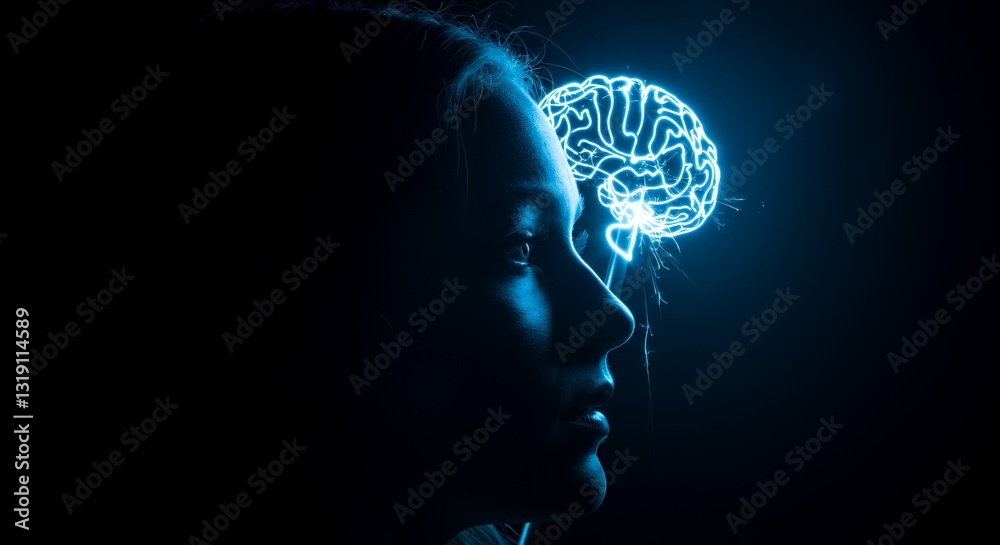 Fototapeta premium Profile of a Woman with a Glowing Digital Brain Overlay in Dark Blue