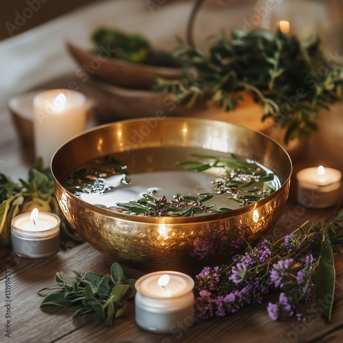 A calming Ayurvedic self-care ritual featuring a warm herbal foot soak in a brass bowl, surrounded by lit candles, fresh herbs, and soft ambient lighting, designed for high-spa experience.