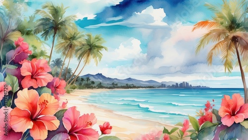 Fototapeta Naklejka Na Ścianę i Meble -  tropical flowers on the beach with the ocean and sky in the background