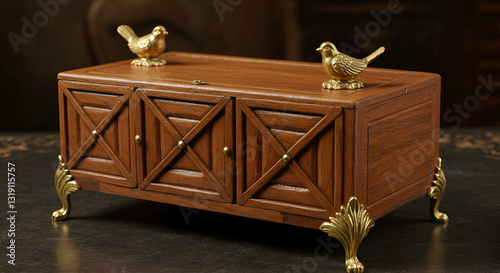An exquisite wooden box with triangular compartments, adorned with elegant gold bird figurines, resting gracefully on gold feet