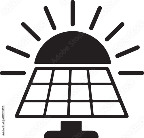 Black Solar Panel Icon with Sun Rays, Vector Illustration for Renewable Energy Concepts