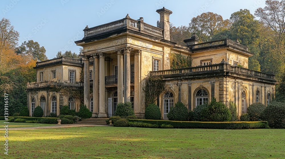 Obraz premium Majestic antique mansion with columns and arches, nestled in a lush landscape