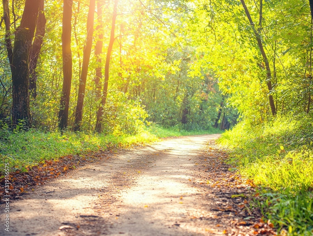 Fototapeta premium Serene forest path illuminated by golden sunlight through lush green trees.