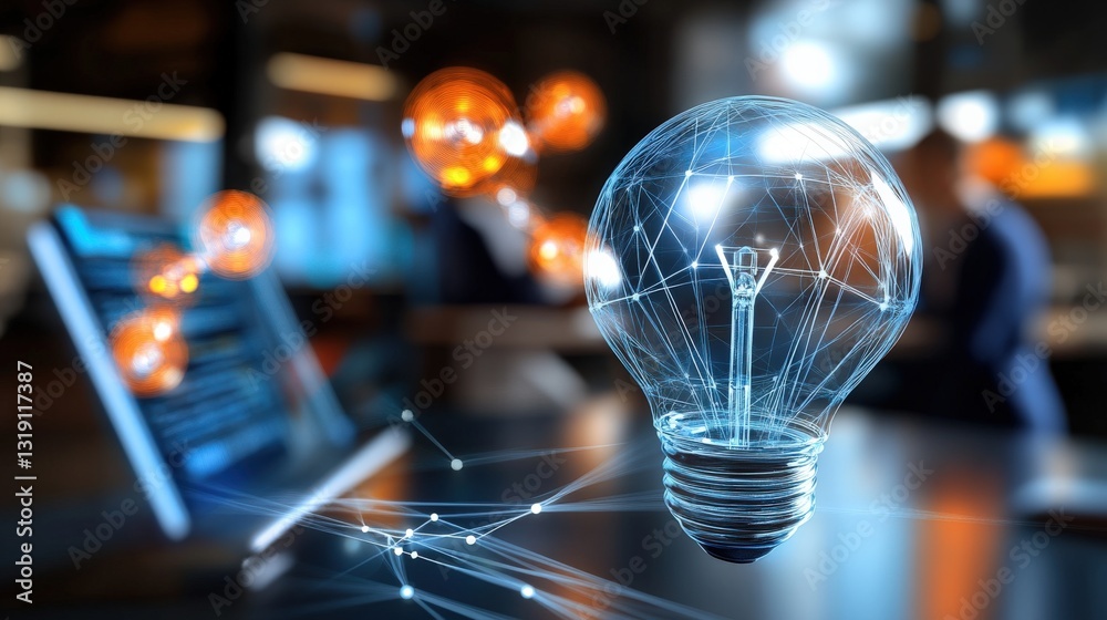 Fototapeta premium Innovative technology showcase lightbulb concept modern office digital display futuristic environment close-up view creativity exploration