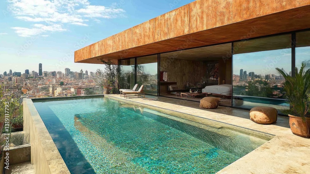 Fototapeta premium Rooftop infinity pool with city views. Luxurious modern home