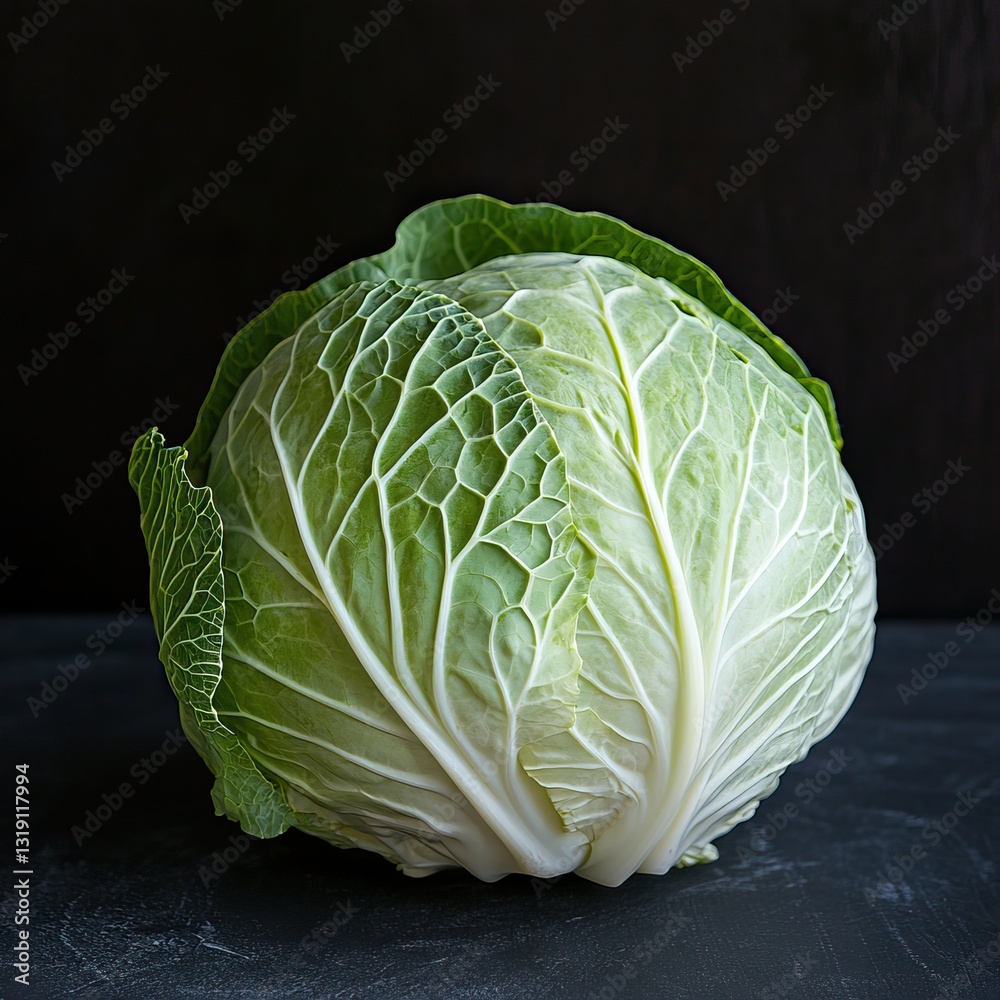 Fototapeta premium A fresh head of white cabbage displayed on a dark background