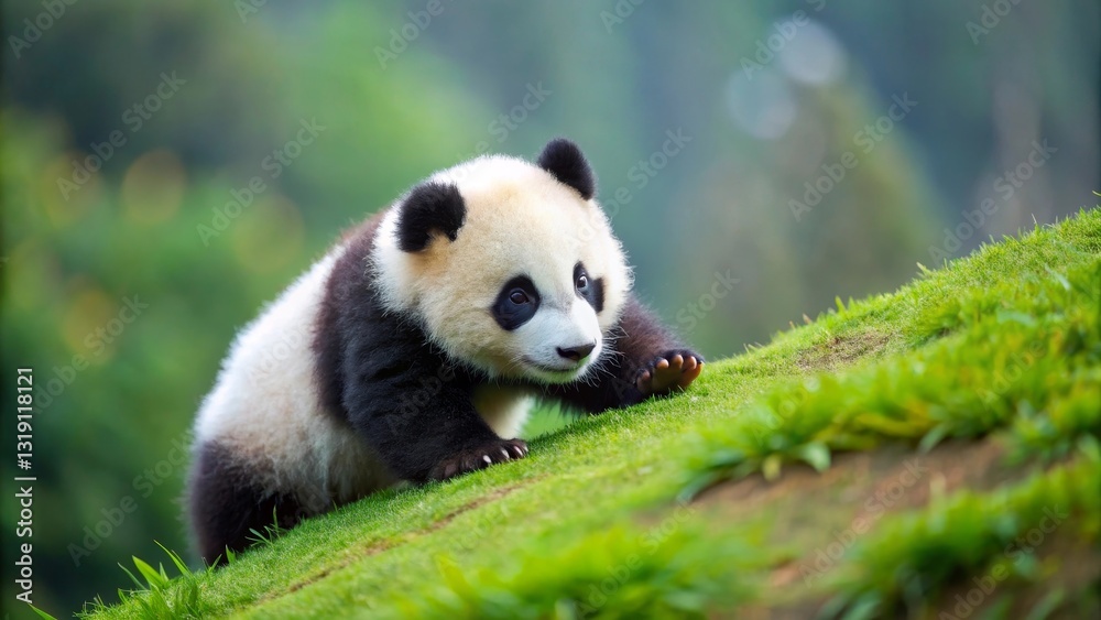 Fototapeta premium A curious young panda cub explores a verdant hillside, its playful nature evident in its stance