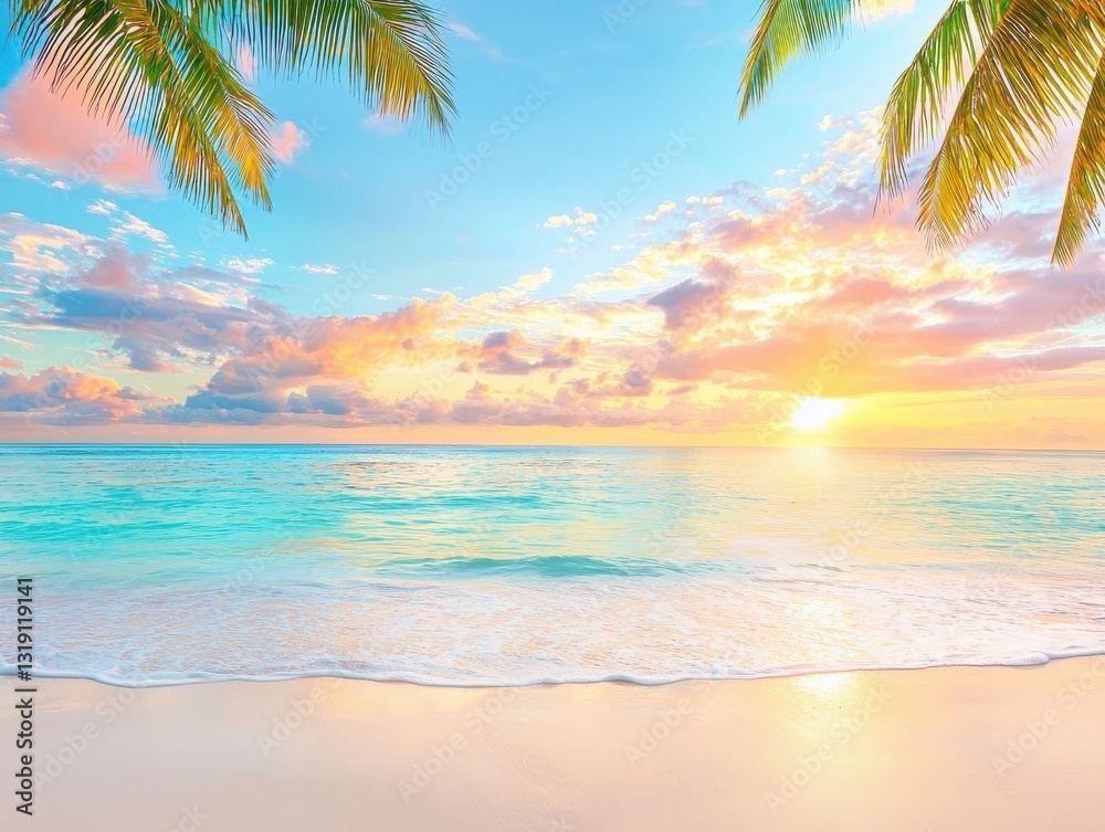 Obraz premium Serene beach sunset with palm trees and vibrant sky reflections on calm ocean waves.