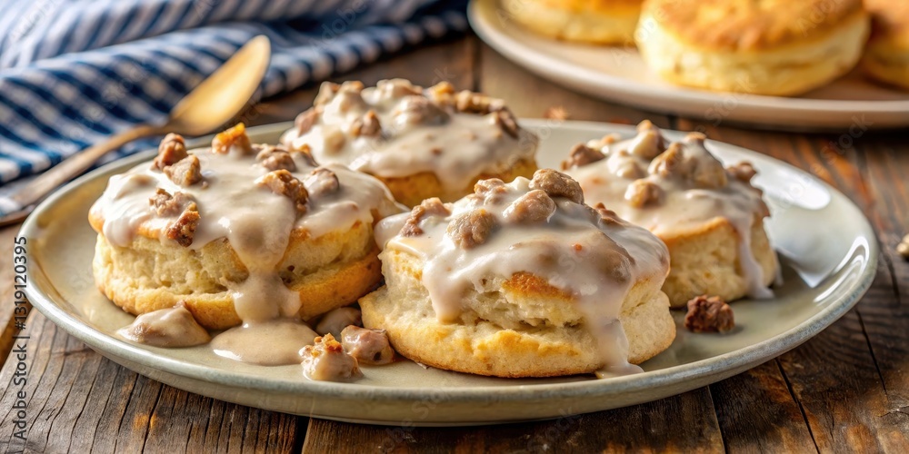 Biscuits with sausage gravy on a plate, food, southern comfort food, food, southern comfort food, meal, rich, plates Biscuits with sausage gravy on a plate, food, southern comfort food, food, southern comfort food, meal, rich, plates