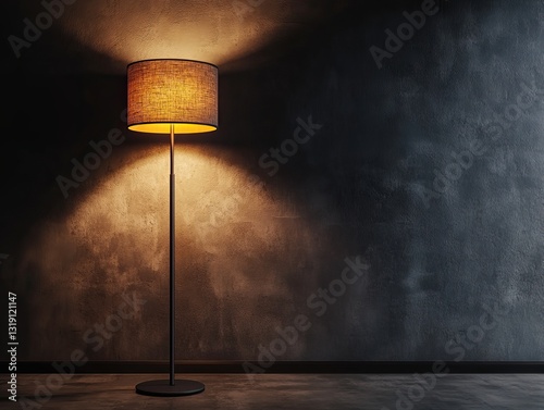 A modern, stylish floor lamp standing against a dark background
