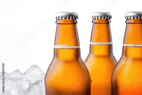 Three bottles of beer with caps on top, one of which is half full. The other two are half empty. The bottles are sitting on a table with ice cubes in the background
