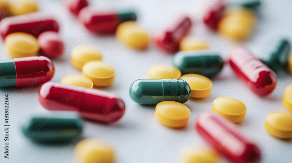 Close-up of assorted red, green, and yellow pills and capsules scattered on a white surface, showcasing pharmaceutical products, health, or medication concepts Close-up of assorted red, green, and yellow pills and capsules scattered on a white surface, showcasing pharmaceutical products, health, or medication concepts