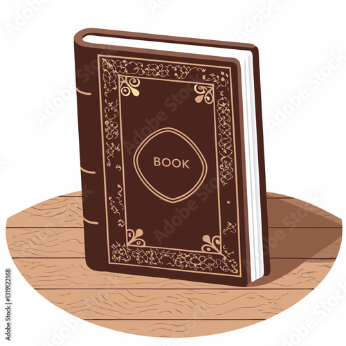 Hardcover book icon resting on wooden surface, reading concept