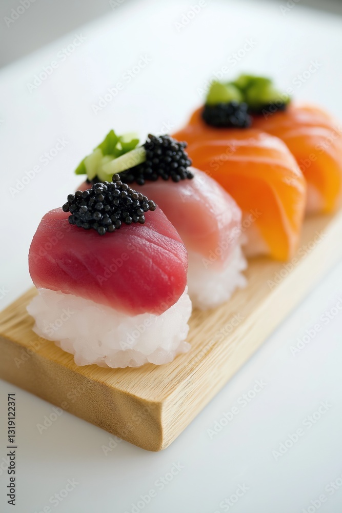 Three sushi rolls with black sesame seeds on top. The rolls are arranged on a wooden board Three sushi rolls with black sesame seeds on top. The rolls are arranged on a wooden board