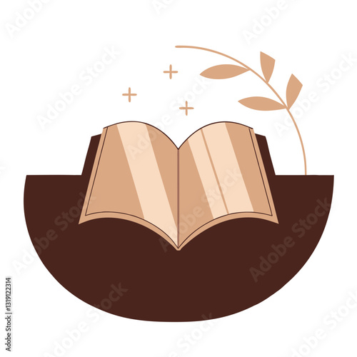 Open book icon with leaves, education and knowledge concept