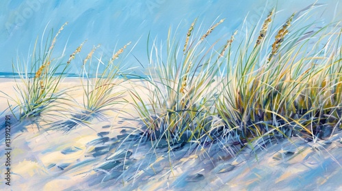 Coastal Dune Grass Background with Vibrant Blue Sky and Soft Sand Shadows